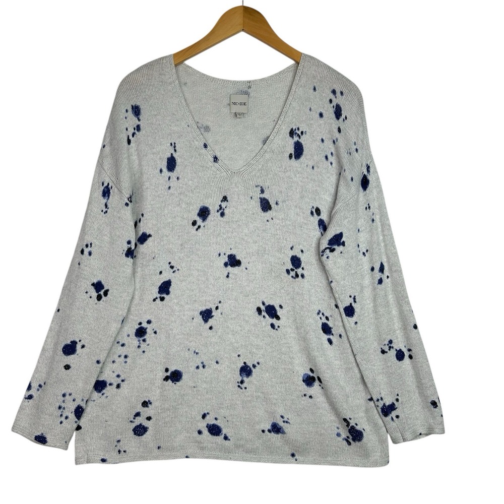 NIC+ZOE Cashmere Blend Sweater Women's L Gray Blue Splatter V Neck Lightweight